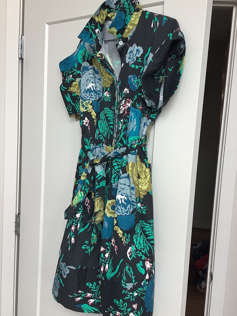 Floral Button-Front Shirt Dress in Black and Teal